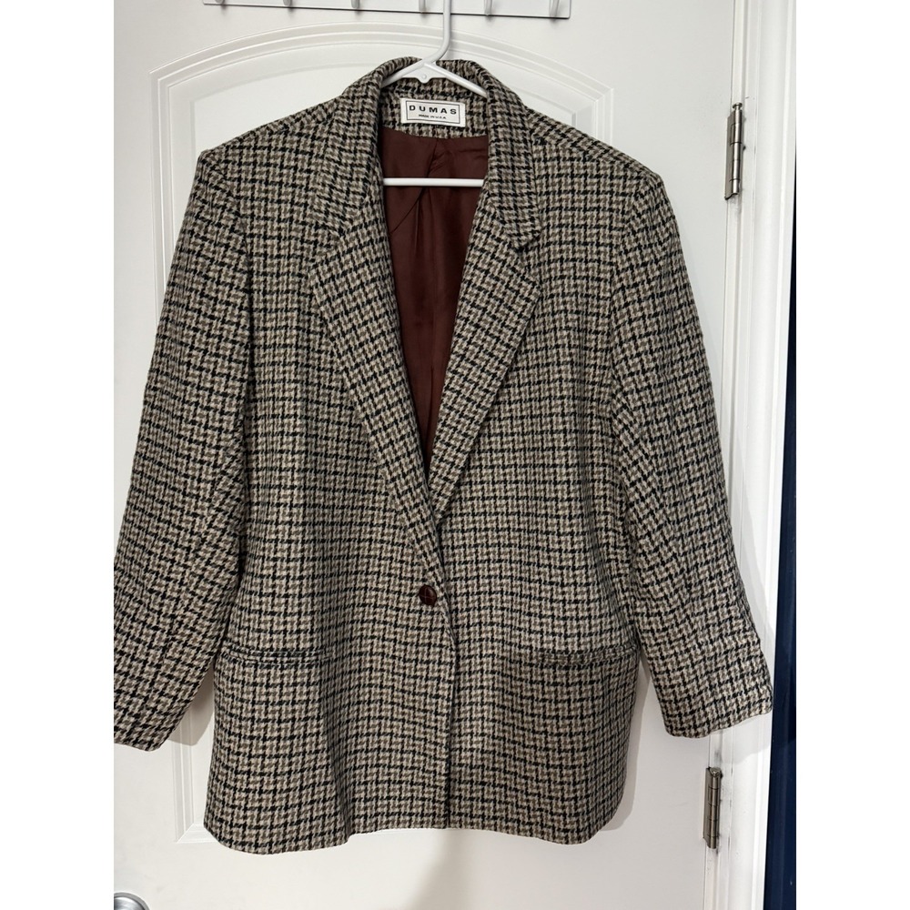 Dumas Women's Wool Tweed Houndstooth Blazer Made In USA Size 16 Vintage